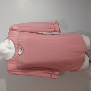 Adele & May blouse w/ sheer puffy sleeves ruffled opening. Rose shirt. SMALL